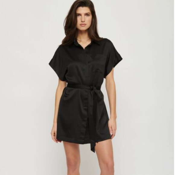 Dynamite Black Satin Shirt Dress with Tie Waist Belt (Size XL) - Picture 2 of 3